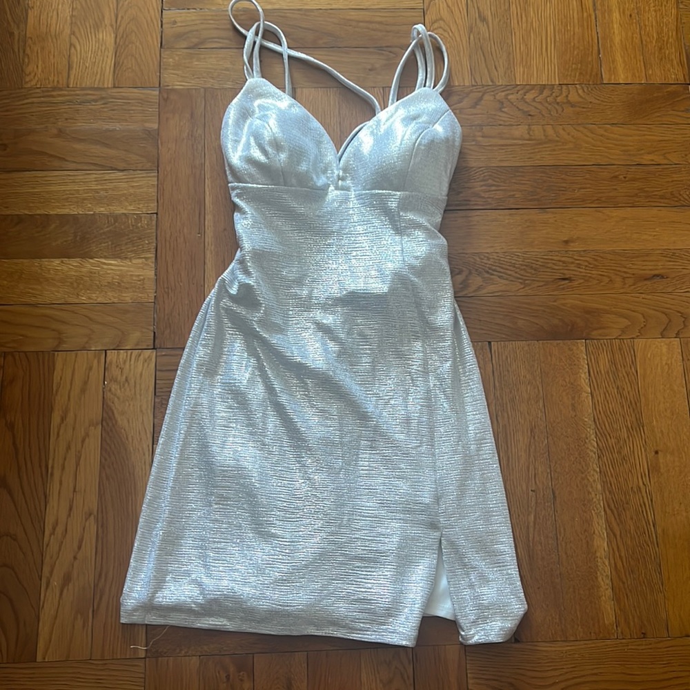 Silver metallic mini backless dress